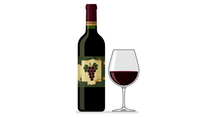 A bottle of red wine sits next to a wine glass filled with red wine