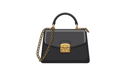 A black handbag with a gold chain strap and a gold clasp on a white background