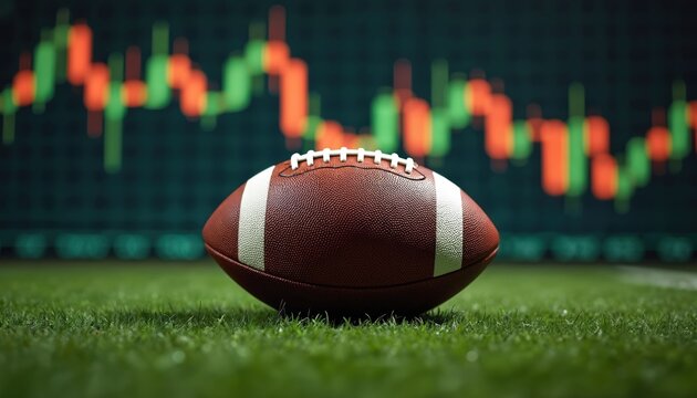 American football sits on green grass field with blurry stock market graph in background. Sport finance concept, gambling, betting odds analysis.