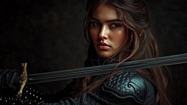 Strong woman in black armor holding sword in dramatic light, representing strength, fantasy, and battle readiness
