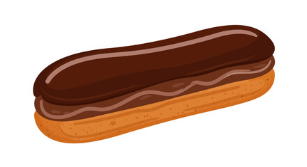 A chocolate éclair with a glossy chocolate glaze on top
