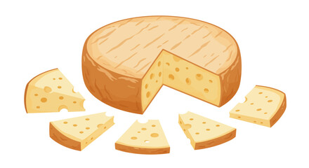 A cheese wheel with a slice removed surrounded by loose eaten slices