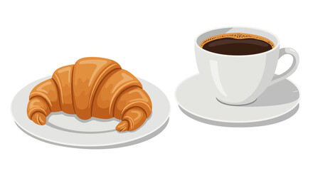 A croissant on a plate beside a cup of coffee on a saucer against a white background