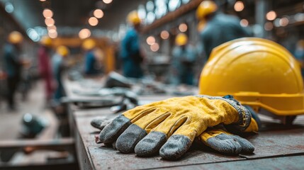 Focused medium shot of gloves and helmet resting on a table with workers in the blurred background symbolizing the importance of personal protective equipment in safety compliance.