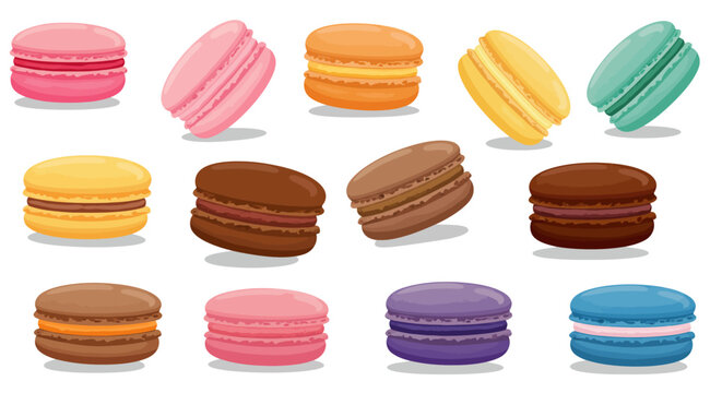 A collection of colorful macarons arranged in a grid pattern on a white background