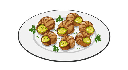 A plate of seven escargots topped with green filling and garnished with parsley