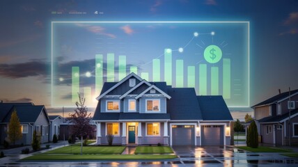 A house with financial growth charts overlaying the image.
