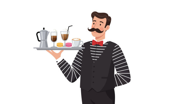A server with a mustache holds a tray of drinks and desserts in a striped shirt and bowtie