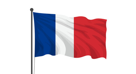 A waving French flag with vertical blue white and red stripes on a flagpole