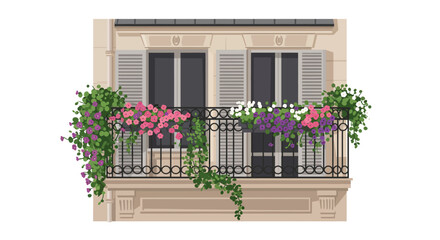 Building facade with balcony flowers pink purple  white spilling over wrought iron railing Shutters flank windows