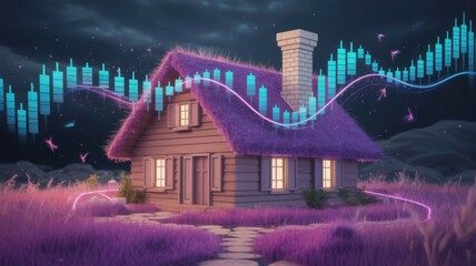 Whimsical house surrounded by vibrant grass and financial charts.