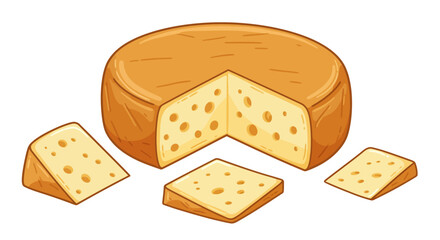 Cartoon cheese wheel with three slices removed yellow with holes and brown edges