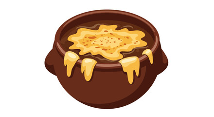 Cartoon image of a brown pot with melted cheese on top and dripping down the sides