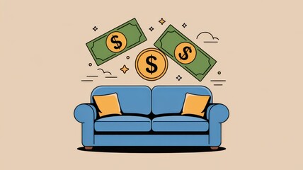 Couch with money symbols representing wealth and comfort.
