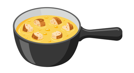 Pot of soup with croutons floating inside gray and black cooking pot with a single handle