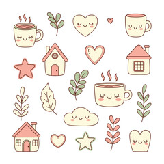 Kawaii style illustration of cute objects including steaming mugs houses hearts stars clouds and leaves