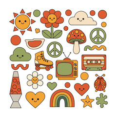 Retro 70s inspired cartoon icons sun flower mushroom peace sign roller skate and lava lamp 1970s groovy