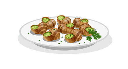 Plate of escargots prepared and served with parsley garnish