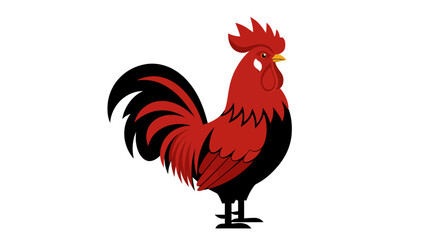 Red and black rooster stands tall