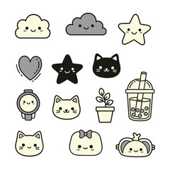 Collection of cute kawaii style cartoon icons with smiling faces illustration
