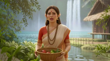 Sita Holding Offering Plate in Forest Ashram — cinematic stock footage featuring rich detail, vibrant atmosphere, and realistic motion. Perfect for mythology, documentaries, reels, and VFX scenes.