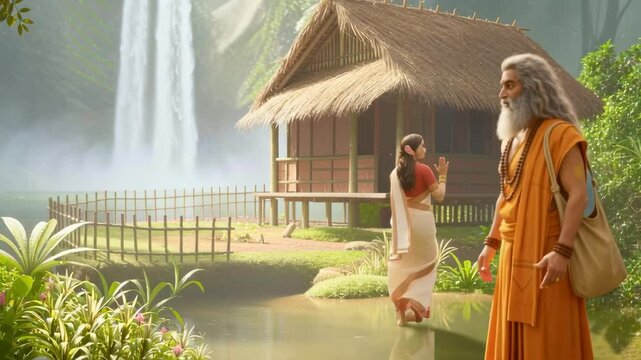 Sita Conversing with Sage Near Forest Ashram &mdash; cinematic stock footage featuring rich detail, vibrant atmosphere, and realistic motion. Perfect for mythology, documentaries, reels, and VFX scenes.