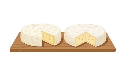 Two round cheeses with wedge removed sitting on a wooden board