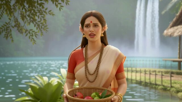 Sita Standing with Offering Plate Near Waterfall Hut &mdash; cinematic stock footage featuring rich detail, vibrant atmosphere, and realistic motion. Perfect for mythology, documentaries, reels, and VFX sce