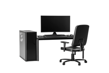 Professional modern computer setup with sleek desk and ergonomic chair for ultimate productivity