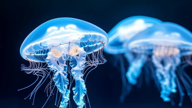 Transparent jellyfish swimming in a blue-toned underwater scene, illustrating marine life, nature, and ocean biodiversity
