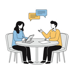 Two people sitting at a round table discussing ideas with speech bubbles above conversation discussion