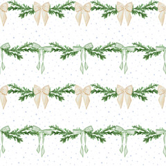 Seamless watercolor pattern with bows and evergreen garlands. Christmas pattern with watercolor garlands, bows without background.