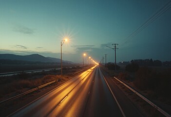 Wide shot from above of a deserted highway at dusk, broken streetlights casting long shadows, overgrown with weeds, somber mood