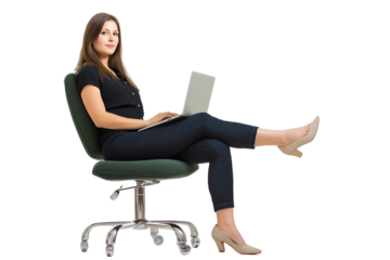 Confident professional woman working on laptop while seated comfortably in office chair