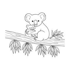 Mother and baby koala hugging on a eucalyptus branch line art mother koala animal