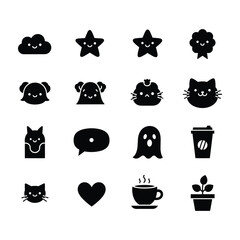 Collection of cute black kawaii icons on white background icon set