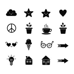 Collection of black simple icons on white background including cloud heart peace sign house ice cream and light bulb