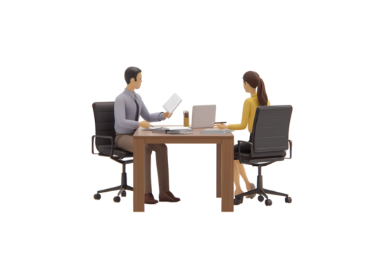 Confident professionals collaborating on project documents at a modern office desk during a meeting