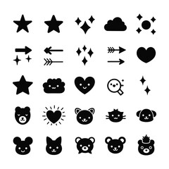 Collection of black cartoon icons stars clouds hearts arrows animals magnifying glass and sparkles on white background