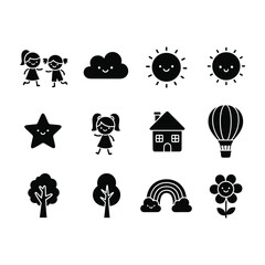 Collection of black silhouette icons featuring children sun cloud star house hot air balloon trees rainbow and flower
