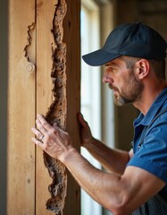Naklejka na ściany i meble Man inspects damaged wooden beam with tunnels from termites. Builder checks structural integrity of old house material. Needs wood repair and pest extermination service.