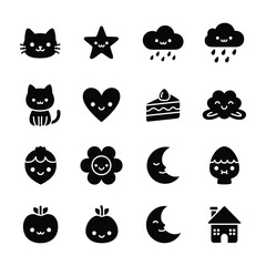 Collection of cute black kawaii icons on white background vector