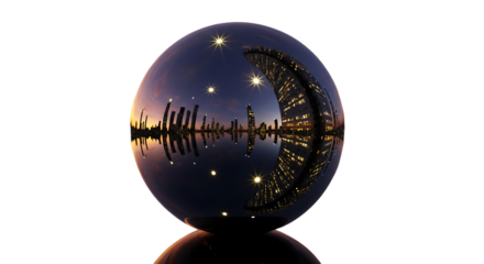 City skyline reflected in glass ball isolated isolated on transparent background