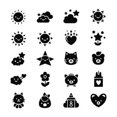 Set of cute black icons with smiling suns clouds stars hearts cats and bears icon set black and white