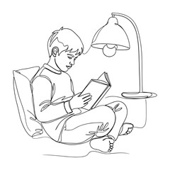 Boy reading a book under a desk lamp in a continuous line drawing style vector