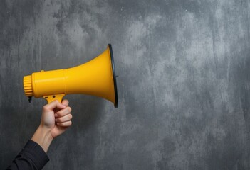 Manos de mujer con megáfono amarillo, fondo gris texturizado, concepto de comunicación, activismo, anuncio o estilo visual de marketing