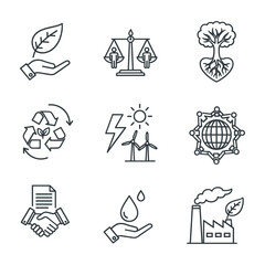 Collection of nine environmental and social justice line art icons vector