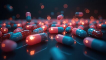 Mezcla colorida de cápsulas de medicina flotantes transparentes y opacas en varias formas y tamaños