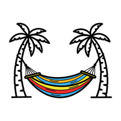 Two palm trees with a colorful striped hammock hanging between them tropical vacation