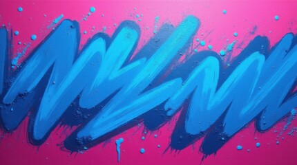 Fondo de grafiti callejero. Manchas curvas azules granuladas con efecto de pintura en aerosol sobre fondo magenta, textura de pinceladas fuertes y ruidosas